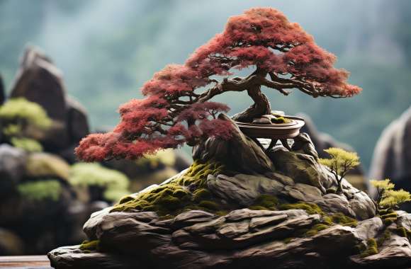 Majestic Red Bonsai Tree HD Desktop Wallpaper