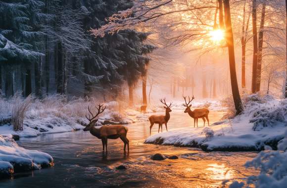 Majestic Red Deer in Winter Landscape -