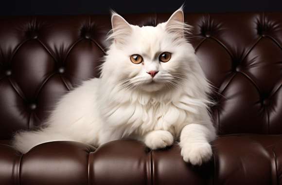 Majestic White Cat on Leather Couch -