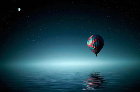 Midnight Serenity of a Balloon Over Ocean and Stars