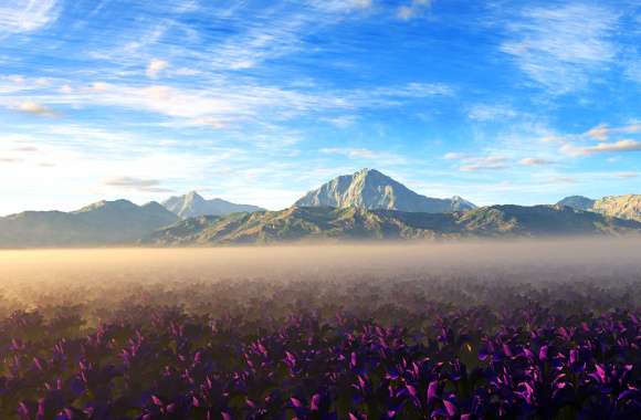 Mystic Mountain Fog & Pink Blooms