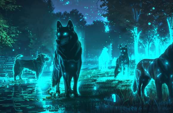 Mystical Bioluminescent Dogs at Park -