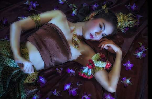 Necklace Earrings Petal Flower Orchid Jewelry Traditional Costume Wedding Dress Bride Thailand Dress Model Thai Oriental Woman Asian