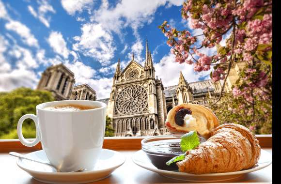 Notre-Dame De Paris Spring Cathedral France Paris Croissant Cup Coffee Food Breakfast