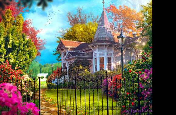 Painting Flower Garden Spring Artistic House Gate Wallpaper