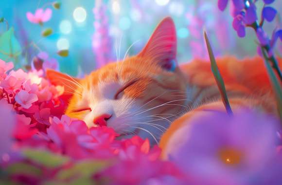 Peaceful Sleeping Cat in Floral Paradise