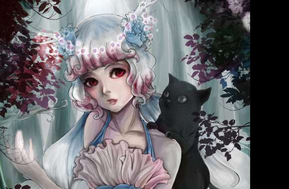 Pink Eyes Short Hair White Hair Flower Tree Cat Painting Woman Artistic