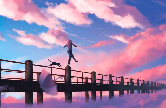 Pink Skies with Anime Girl and Cat -