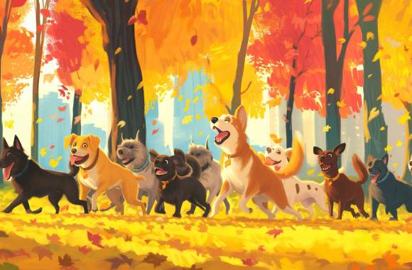 Playful Dogs in Autumn Forest