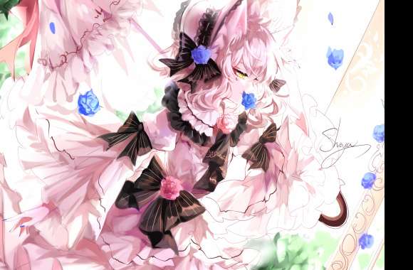 Pointed Ears Umbrella Bow (Clothing) Flower Yellow Eyes Blonde Short Hair Anime Girl Anime Girl