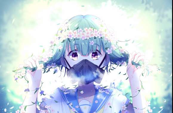 Purple Eyes Gas Mask Short Hair Flower Anime Original