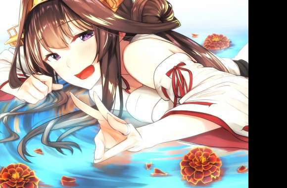 Purple Eyes Kongou (Kancolle) Smile Flower Water Blush Brown Hair Long Hair Anime Kantai Collection