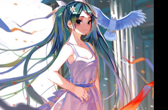 Radiant Smile Hatsune Miku with Flowers and Pigeons