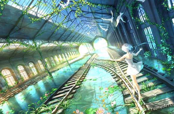 Railroad Bird Flower White Hair Short Hair Anime Original