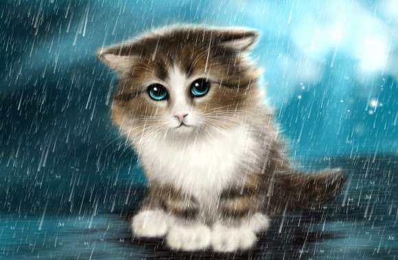 Rain Blue Eyes Kitten Painting Animal Cat