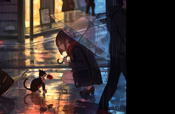 Rainy Day Respite Anime Kitten with Umbrella - wallpapers hd quality