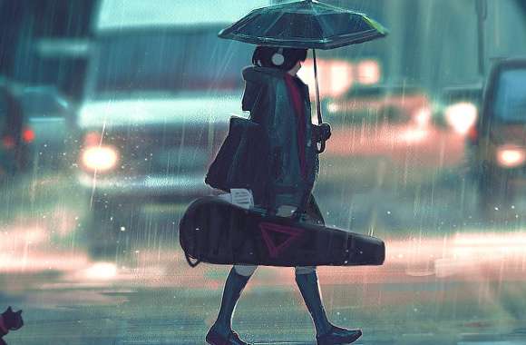 Rainy Day Stroll - Anime Girl & Cat