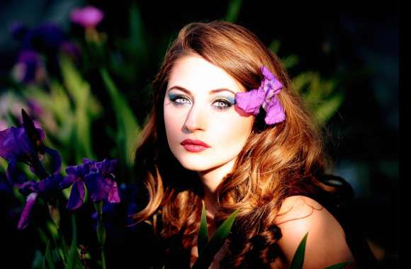 Redhead Beauty with Iris Flower - wallpapers hd quality
