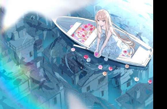 Reflection Flower Lake Boat Anime Girl Anime Girl