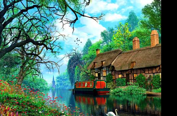 Reflection Swan Flower Tree Thatched Roof Canal Man Made House Wallpaper