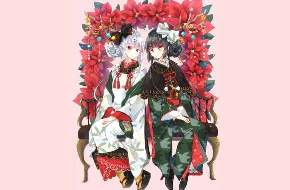 Ribbon Flower Japanese Clothes Red Eyes Black Hair White Hair Anime Original