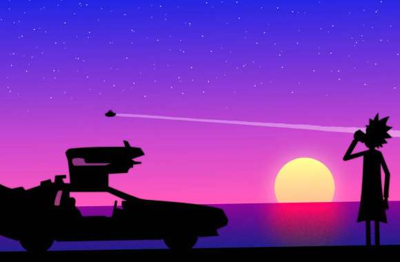 Rick and Morty Inspired Sunset Wallpaper with Back to the Future Elements