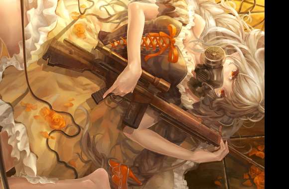 Rifle White Hair Long Hair Red Eyes Flower Rose Dress Mask Gun Weapon Anime Original