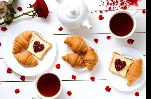 Romantic Croissant Cup Tea Still Life Food Breakfast