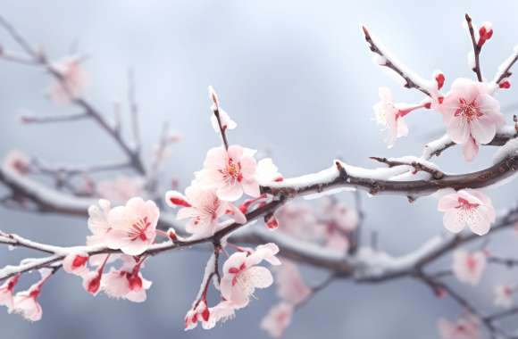 Sakura Flower in Frost Branch Wallpaper