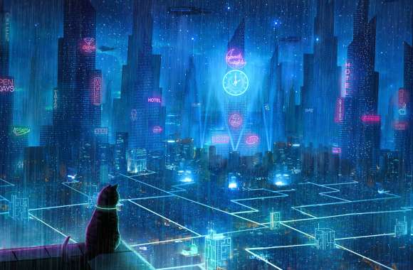 Sci-Fi City in Rain with Cat - wallpapers hd quality