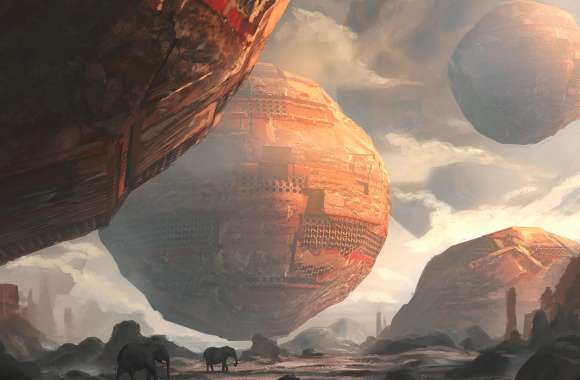 Sci-Fi Landscape with Elephants and Floating Spheres