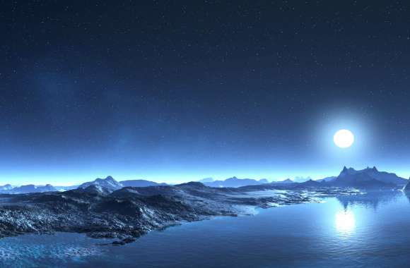 Sci-Fi Moonrise Over Icy Lake wallpapers hd quality