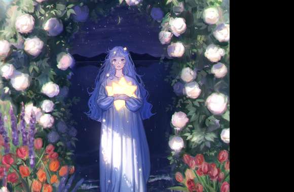 Sea Lake Flower Night Fantasy Anime Girl Anime Girl