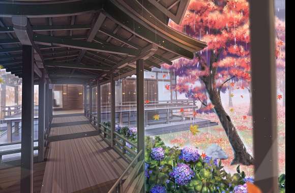 Serene Anime Garden in Rain -