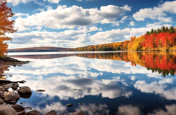 Serene Autumn Landscape with a Reflective Lake Wallpaper