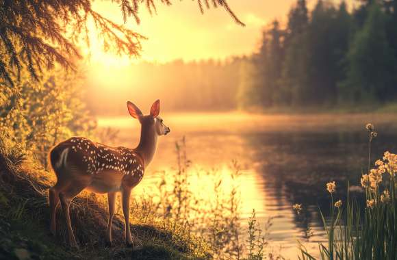 Serene Sunset A Deer in Nature -