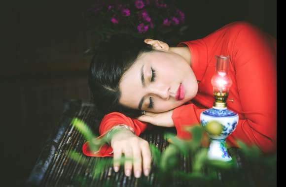 Serene Vietnamese Woman with Lamp wallpapers hd quality