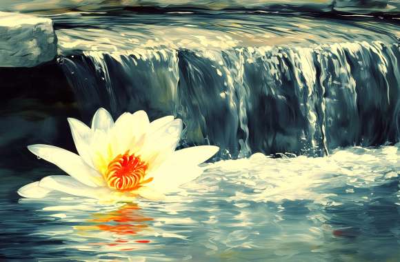 Serene Waterfall and Lotus Flower