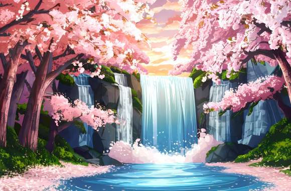 Serene waterfall in a blooming cherry blossom forest