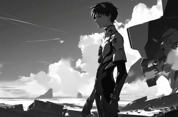 Shinji Ikari from Neon Genesis Evangelion Anime - Monochrome Manga Art