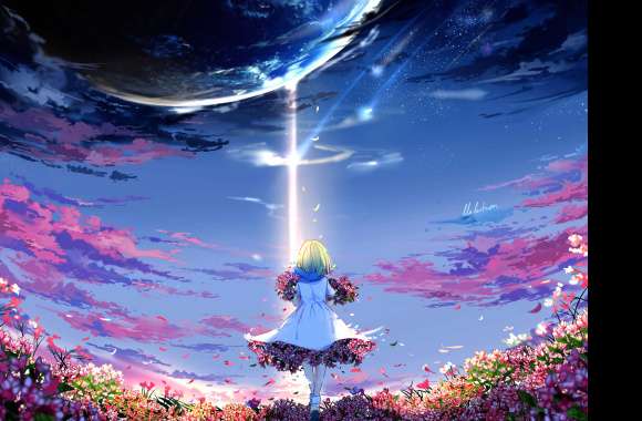 Short Hair Sky Dress Flower Planet Anime Original