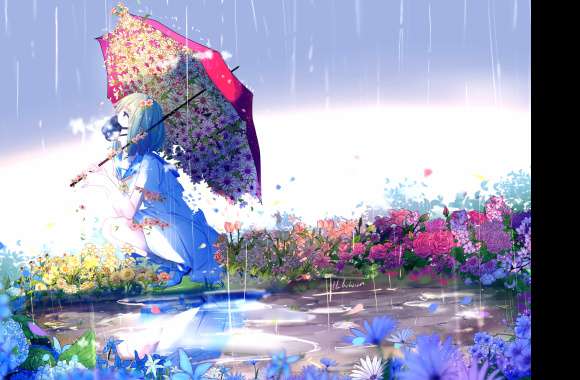 Short Hair Umbrella Reflection Rain Flower Anime Original