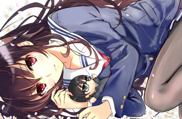 Skirt Flower Tomoya Aki Chibi School Uniform Pantyhose Brown Hair Red Eyes Long Hair Utaha Kasumigaoka Anime Saekano How To Raise A Boring Girlfriend