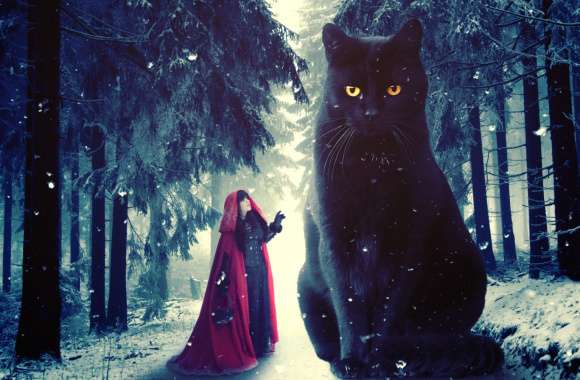 Snowfall Cat Snow Winter Giant Fantasy Red Riding Hood