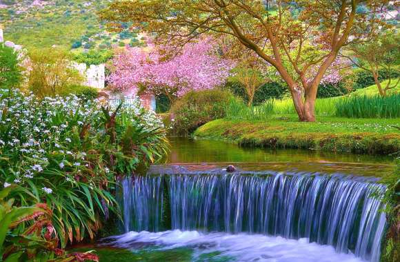 Spring Serenity A Stunning of Nature’s Beauty with Flowers and Waterfall wallpapers hd quality