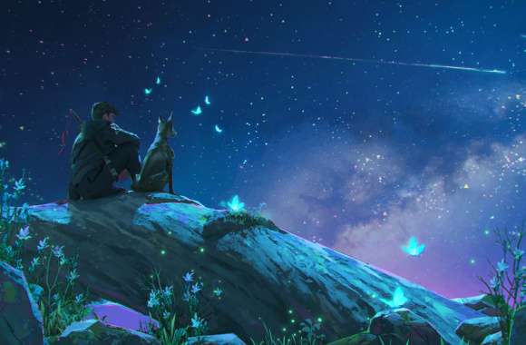 Starry Anime Night with Dog -