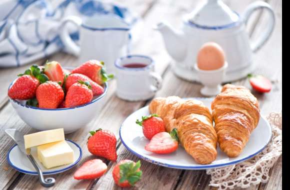 Still Life Strawberry Butter Egg Croissant Food Breakfast wallpapers hd quality