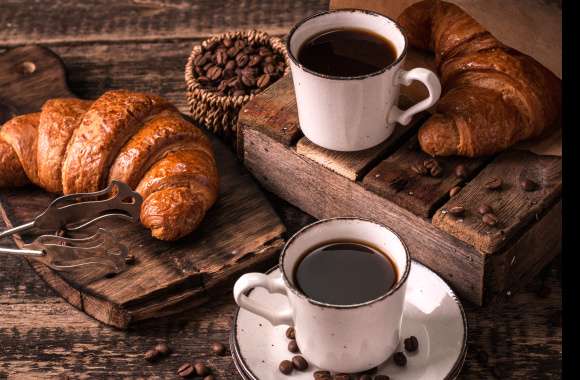 Still Life Viennoiserie Coffee Beans Croissant Cup Coffee Food Breakfast wallpapers hd quality