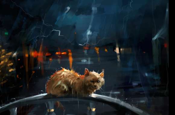 Storm Night Cat Rain Artistic Painting