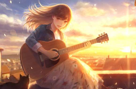 Sunset Melody Anime Girl with Guitar